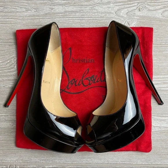 Christian Louboutin Heels Black Patent Lady Peep Toe Pumps 10.5 Red Bottoms - Picture 3 of 13